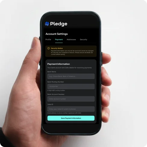 The Pledge app account settings screen on a phone